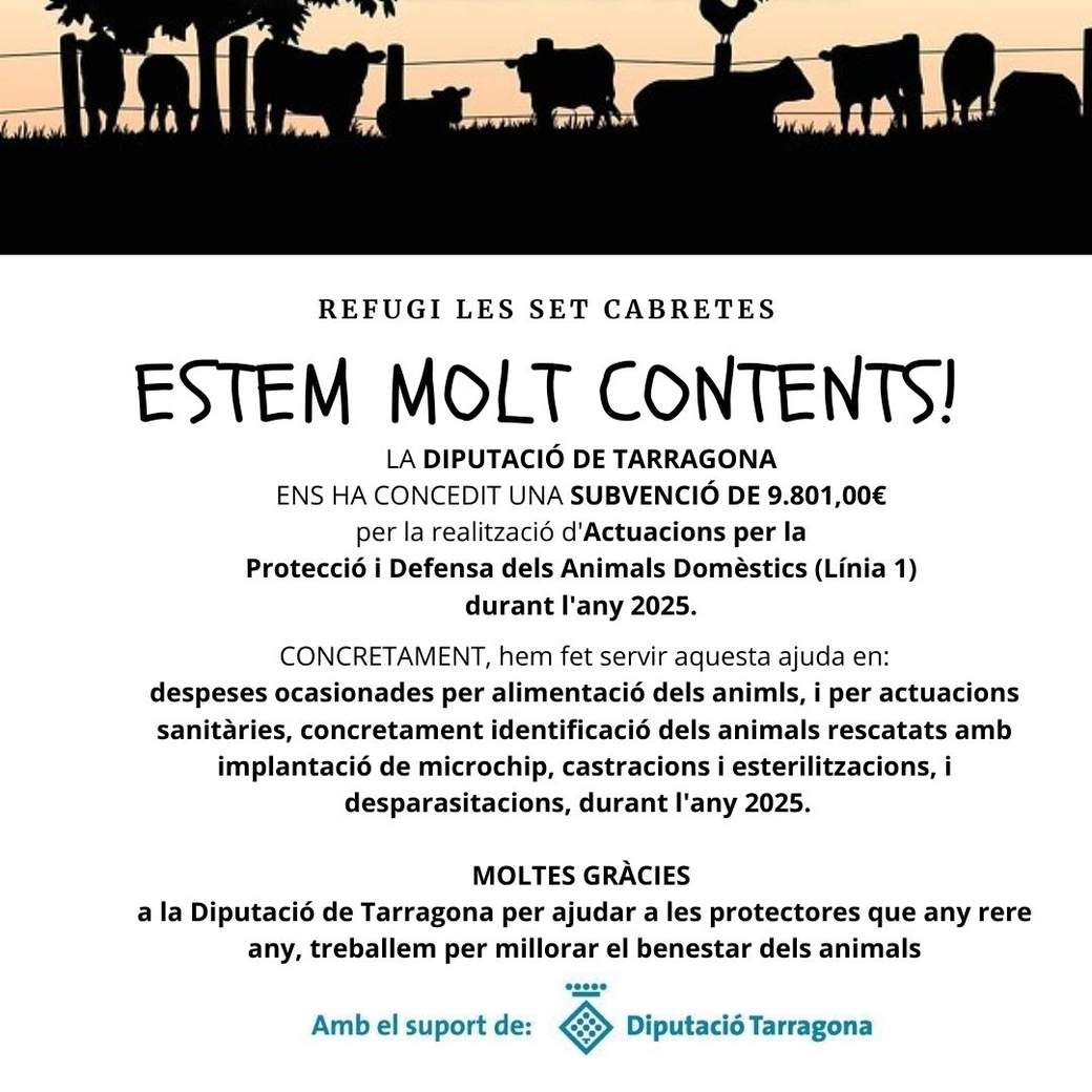 Cartell d'agraïment a la Diputació de Tarragona per la subvenció de protecció d'animals domèstics 2025