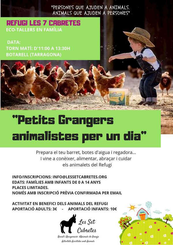 Cartell de l'activitat «Petits grangers animalistes per un dia» amb un nen i gallines