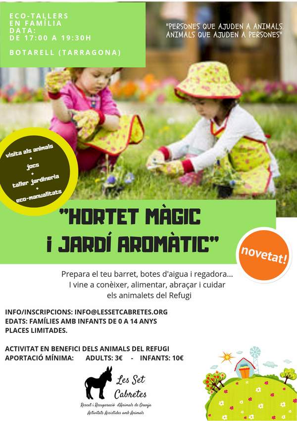 Cartell de l'activitat «Hortet màgic i jardí aromàtic» amb dues nenes regant plantes
