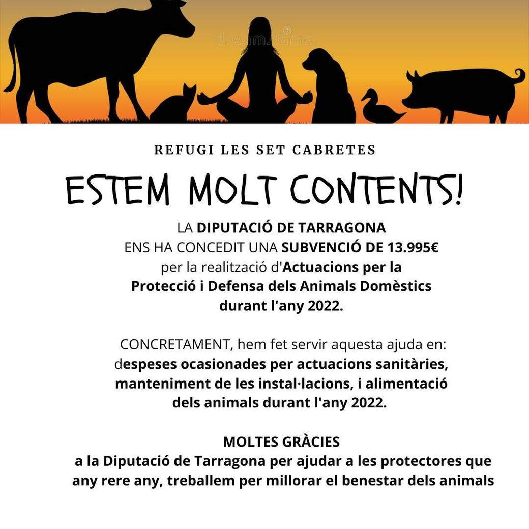 Cartell d'agraïment a la Diputació de Tarragona per la subvenció de protecció animal 2022